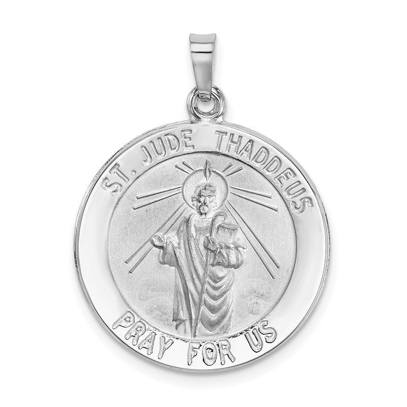 14k White Gold Polished and Satin Solid Saint Jude Thaddeus Medal Round Pendant