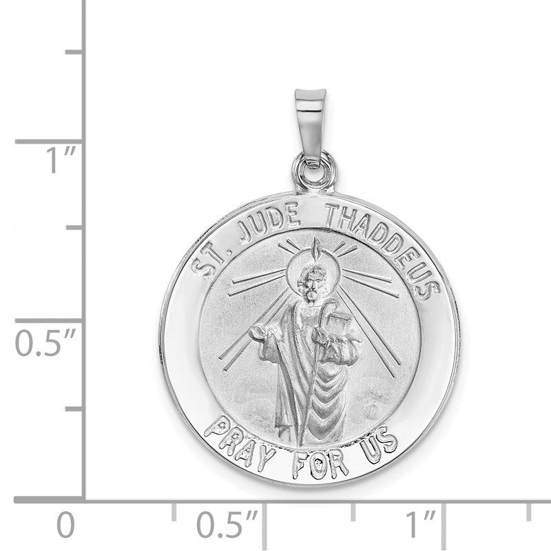 14k White Gold Polished and Satin Solid Saint Jude Thaddeus Medal Round Pendant