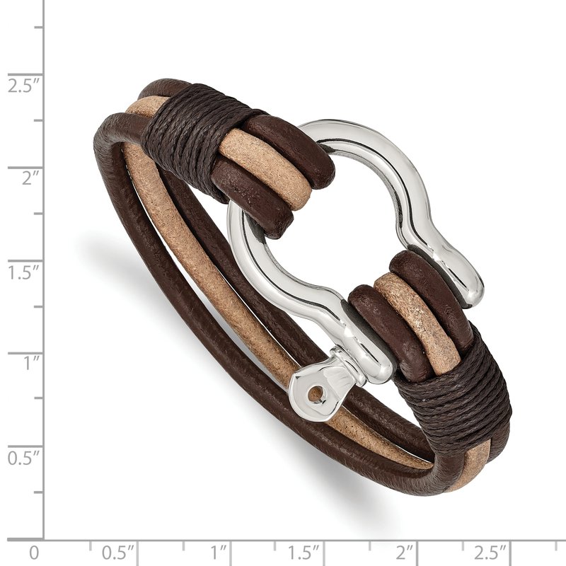Stainless Steel Polished Shackle Multi Strand Dark Brown and Tan Leather 8.25 inch Bracelet