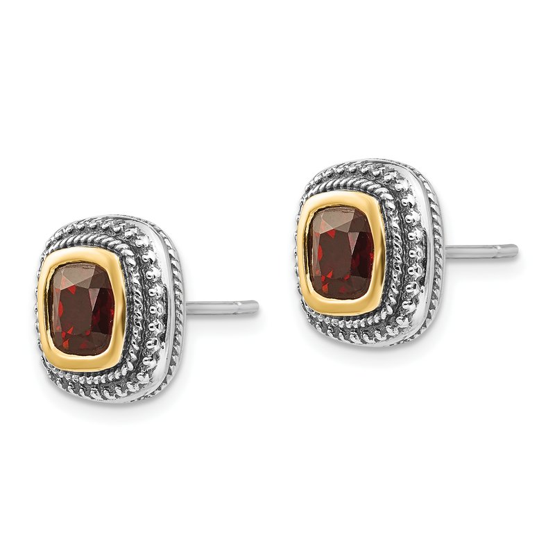 Sterling Silver with 14K Accent Antiqued Cushion Bezel Garnet Post Earrings