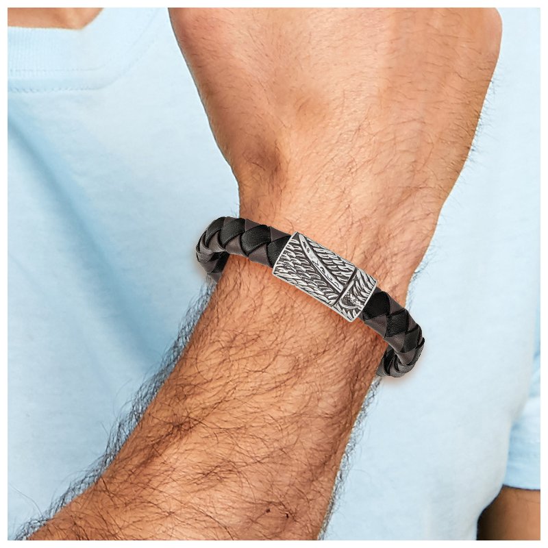 Stainless Steel Antiqued and Polished Sword Black and Brown Braided Leather 8.5 inch Bracelet