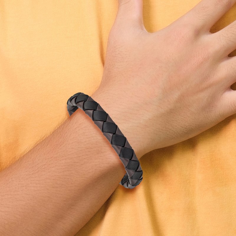Stainless Steel Brushed Black IP-plated Black and Brown Leather 8.25 inch Bracelet