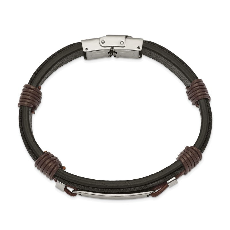 Stainless Steel Polished Black and Brown Leather 8.25 inch ID Bracelet