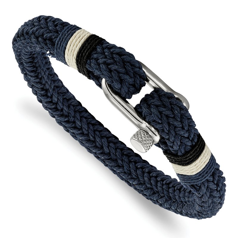 Stainless Steel Polished Woven Navy Blue Cotton 8.5 inch Bracelet