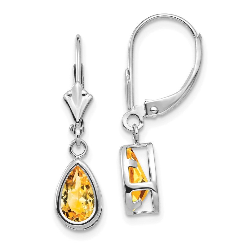 14k White Gold 8x5mm Pear Citrine Bezel Leverback Dangle Earrings