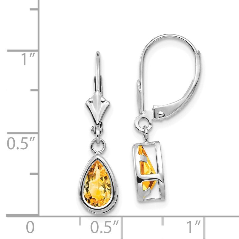 14k White Gold 8x5mm Pear Citrine Bezel Leverback Dangle Earrings