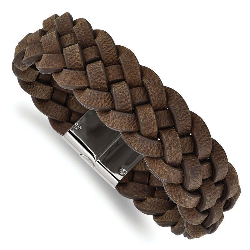 Stainless Steel Polished Brown Braided Leather 8.75 inch Bracelet