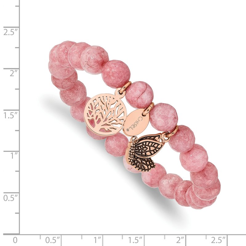 Stainless Steel Antiqued and Polish Rose IP-plated Butterfly and Tree of Life 8mm Pink Dyed Jade Beaded Stretch Bracelet