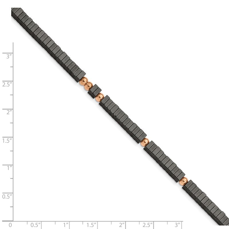 Stainless Steel Polished Rose IP-plated with Square Hematite Beads 7 inch Bracelet with 1.25 inch Extension