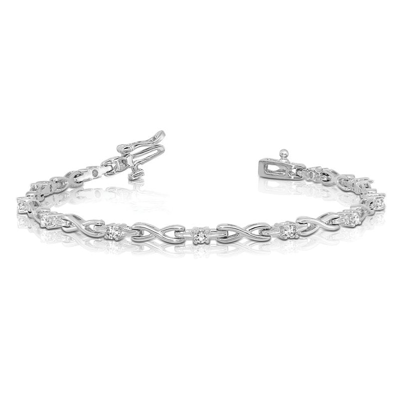 14k White Gold Complete 1/2 carat Round AA Diamond 4-prong X-design 7 inch Tennis Bracelet