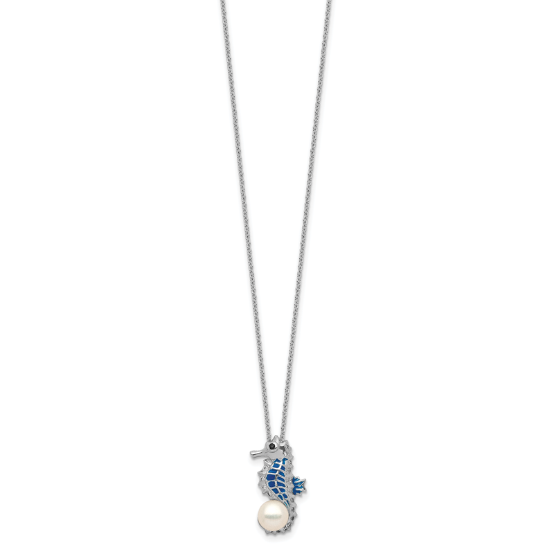 Sterling Silver Rhodium-plated Enameled Freshwater Cultured Pearl and Brilliant-cut CZ Seahorse 18 Inch Necklace