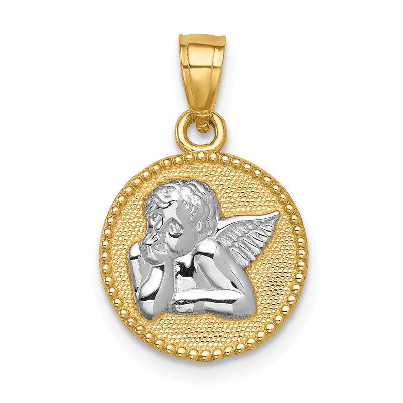 14K and White Rhodium Angel Round Pendant
