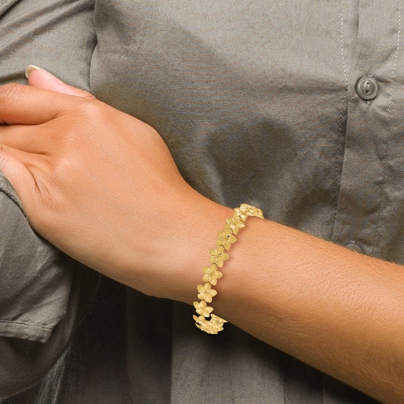 14K Brushed and Diamond-cut Plumeria Floral 7.25 inch Bracelet