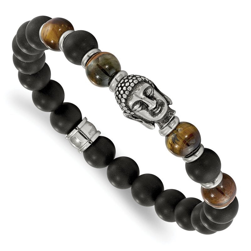 Stainless Steel Antiqued and Polished Buddha 8mm Black Agate and Tiger's Eye Beaded Stretch Bracelet