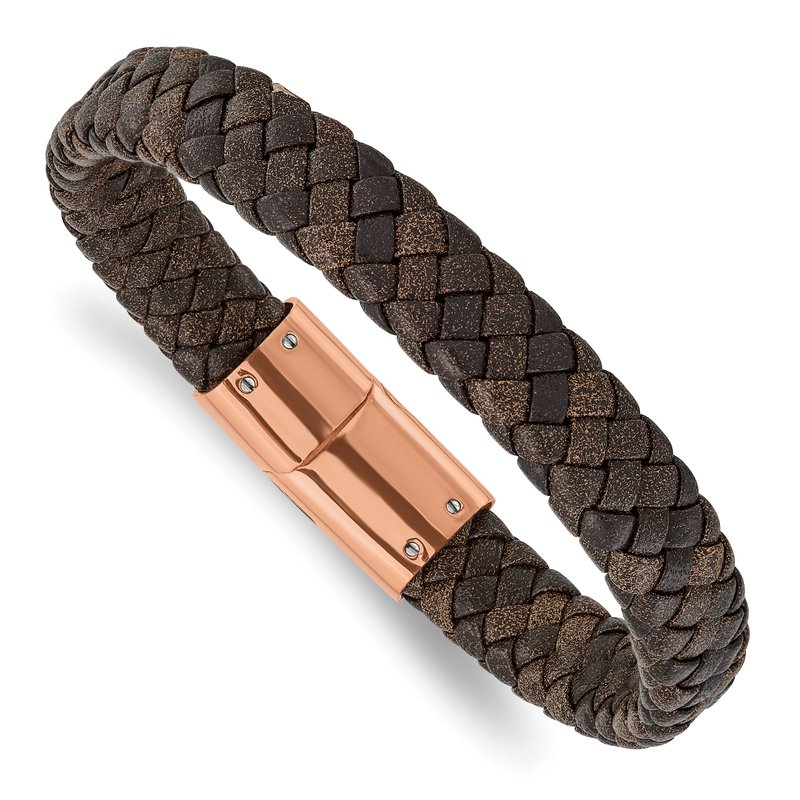 Stainless Steel Polished Rose IP-plated Brown Braided Leather 8.5 inch Bracelet