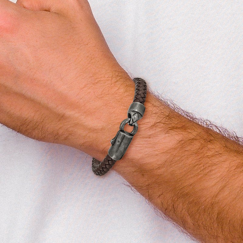 Stainless Steel Antiqued White Bronze-plated Brown Braided Leather 8.25 inch Bracelet