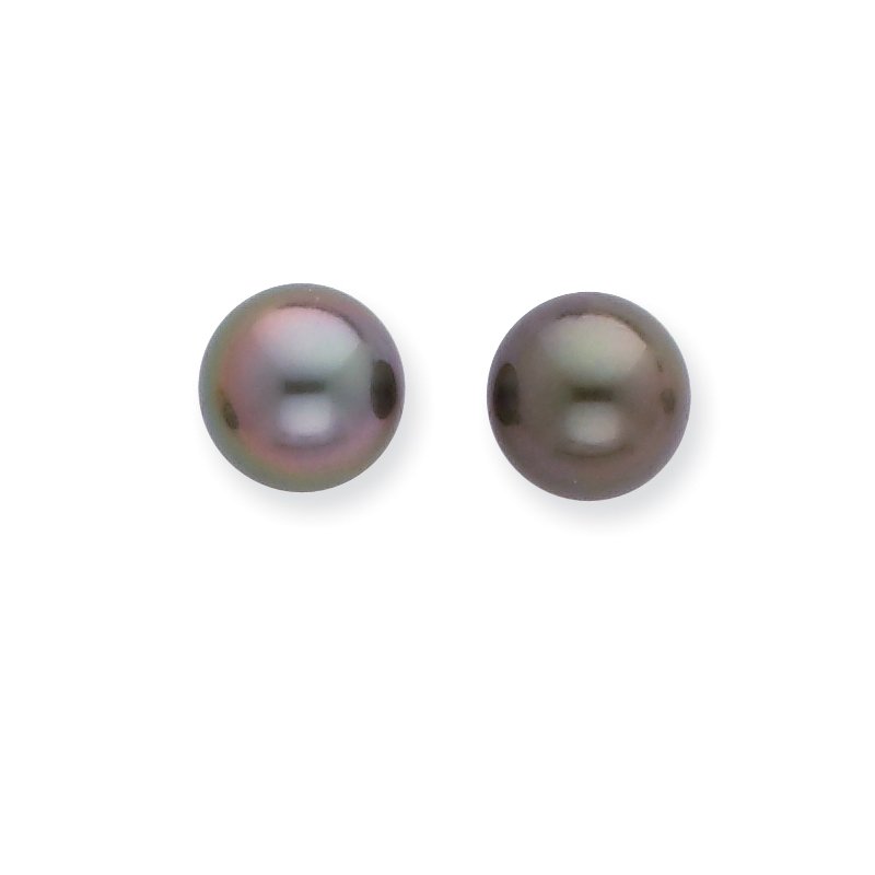 14k White Gold 8-9mm Black Round Tahitian Saltwater Cultured Pearl Post Earrings