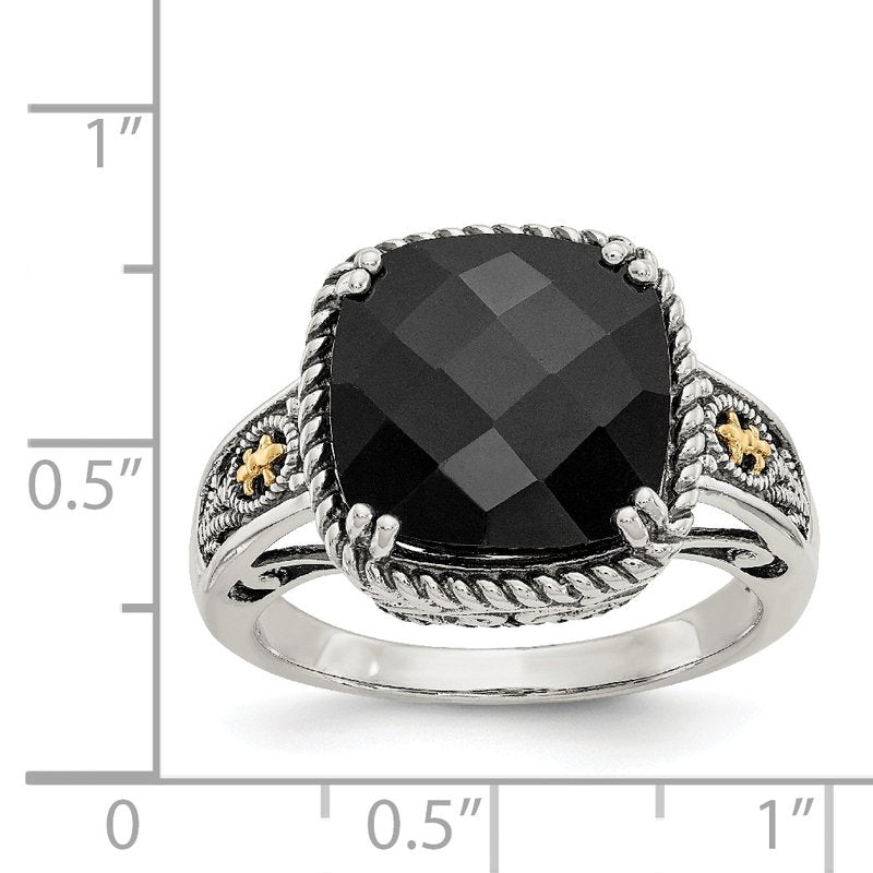 Sterling Silver with 14K Accent Antiqued Checkerboard-cut Black Onyx Ring