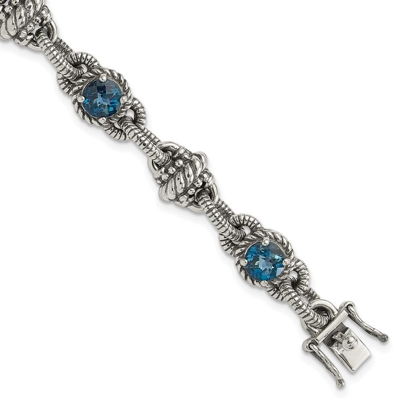 Sterling Silver 7.75 inch Antiqued Round London Blue Topaz Bracelet