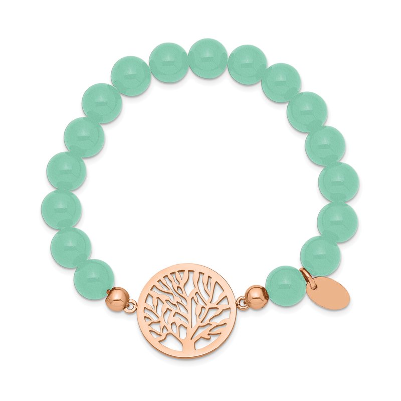 Stainless Steel Polished Rose IP-plated Tree of Life 8mm Green Dyed Jade Beaded Stretch Bracelet