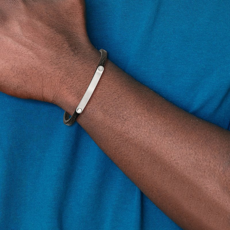 Stainless Steel Brushed Black Leather 8.25 inch ID Bracelet