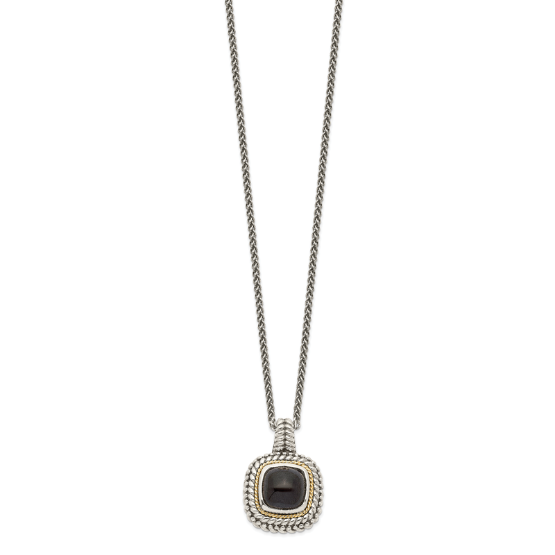 Sterling Silver with 14K Accent 18 Inch Antiqued Cabochon Black Onyx Necklace