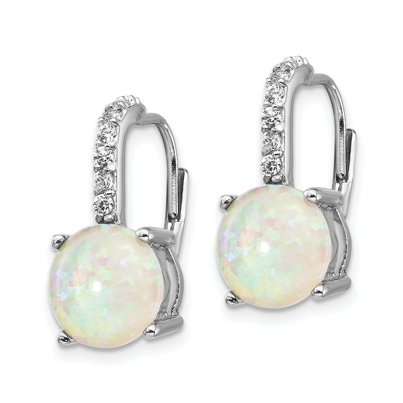 Sterling Silver Rhodium-plated Cabochon Lab Created Opal and Brilliant-cut CZ Leverback Earrings