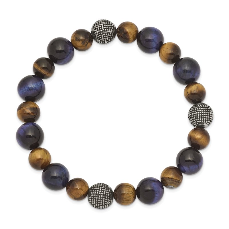 Stainless Steel Antiqued and Polished 8-10mm Brown and Blue Tiger's Eye Beaded Stretch Bracelet