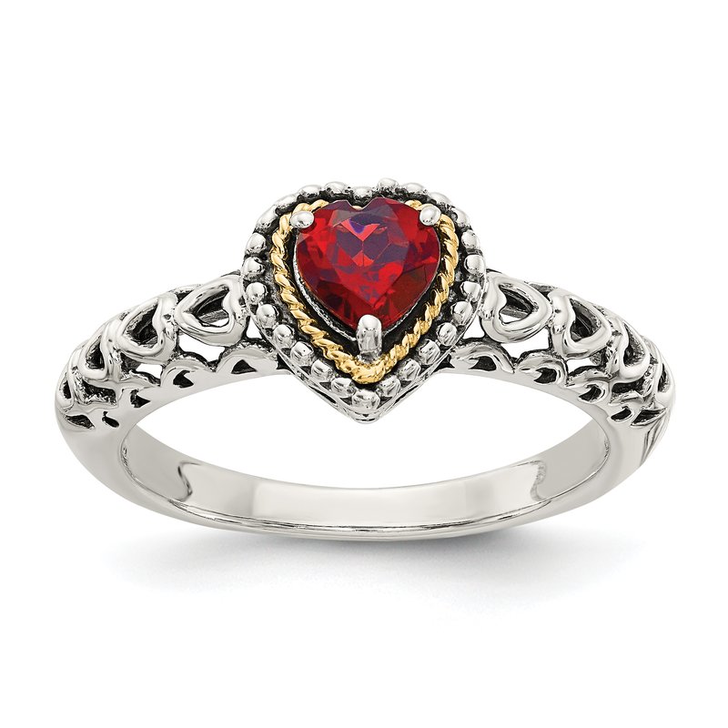 Sterling Silver with 14K Accent Antiqued Heart Garnet Ring