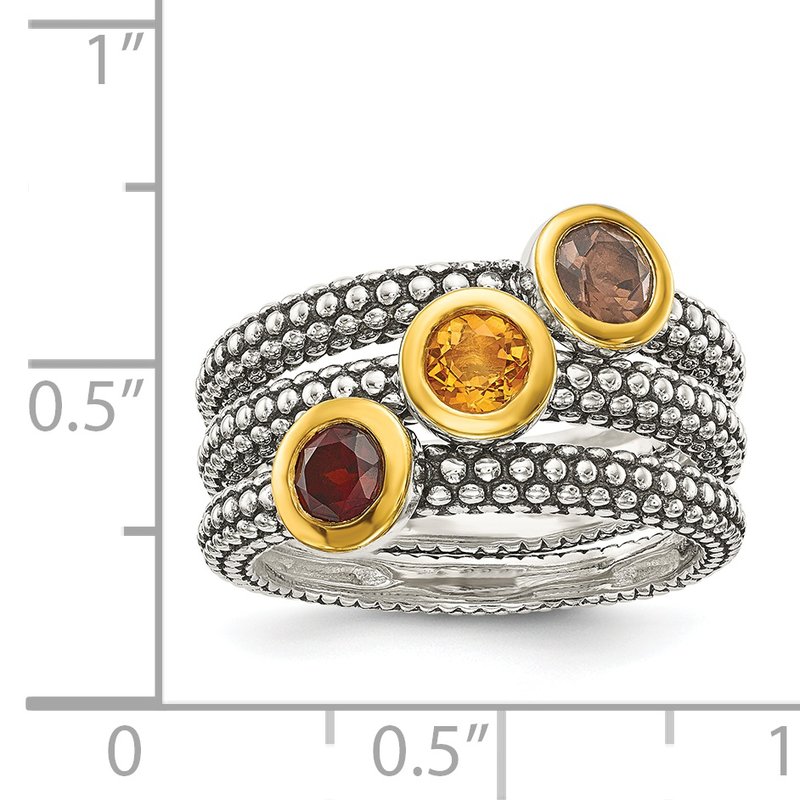 Sterling Silver Gold-tone Flash Gold-plated Antiqued Round Bezel .30Garnet/.20Citrine/.20Smoky Quartz 3 Stackable Rings