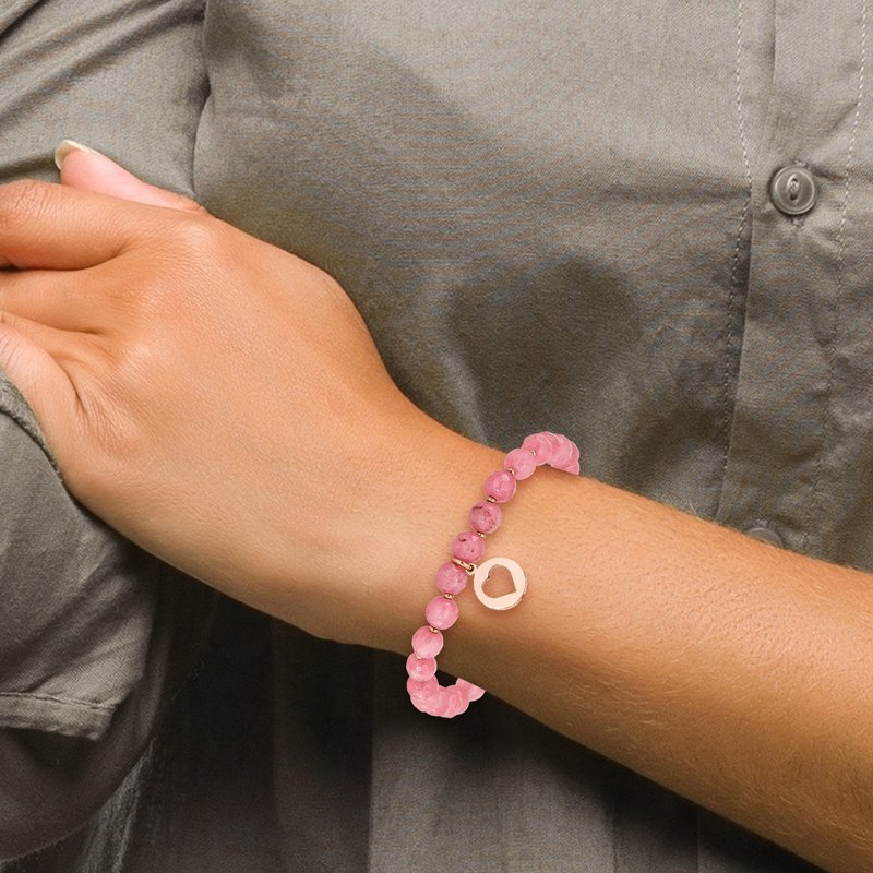 Stainless Steel Polished Rose IP-plated Heart 6mm Pink Jade Beaded Stretch Bracelet with Tassel