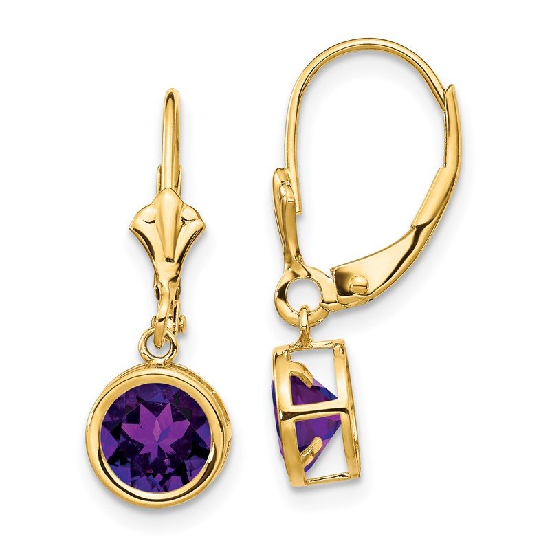 14k 6mm Round Amethyst Bezel Leverback Dangle Earrings