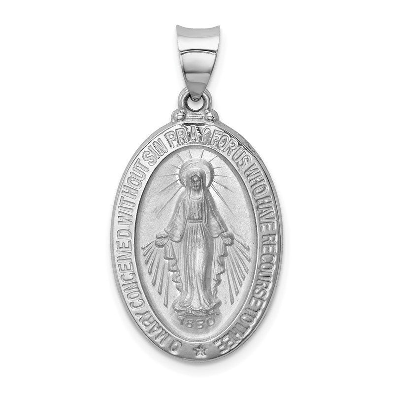 14k White Gold Polished and Satin Hollow Miraculous Medal Oval Pendant