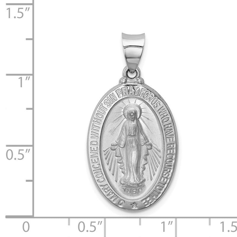14k White Gold Polished and Satin Hollow Miraculous Medal Oval Pendant