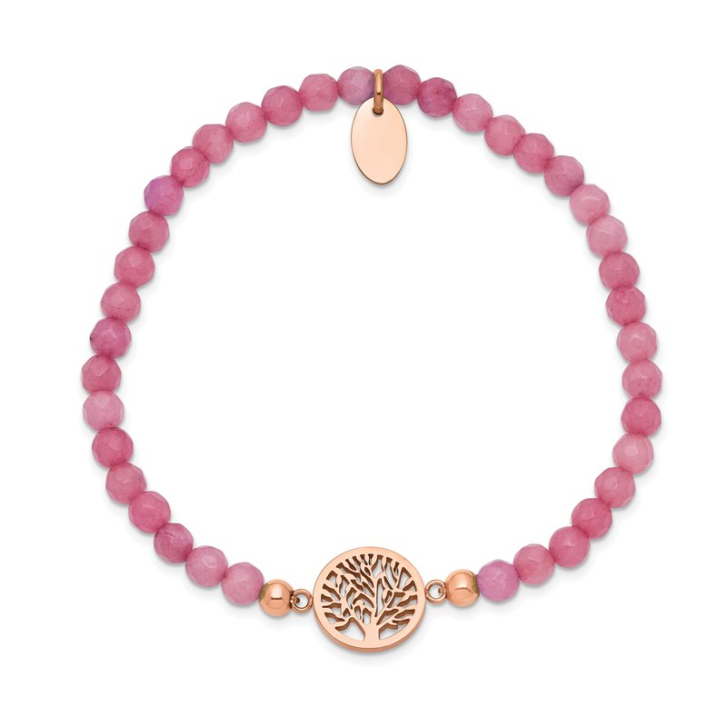 Stainless Steel Polished Rose IP-plated Tree of Life 4mm Red Jade Beaded Stretch Bracelet