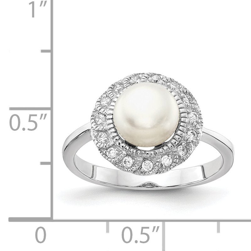 Sterling Silver Rhodium-plated Freshwater Cultured Pearl and Brilliant-cut CZ Ring