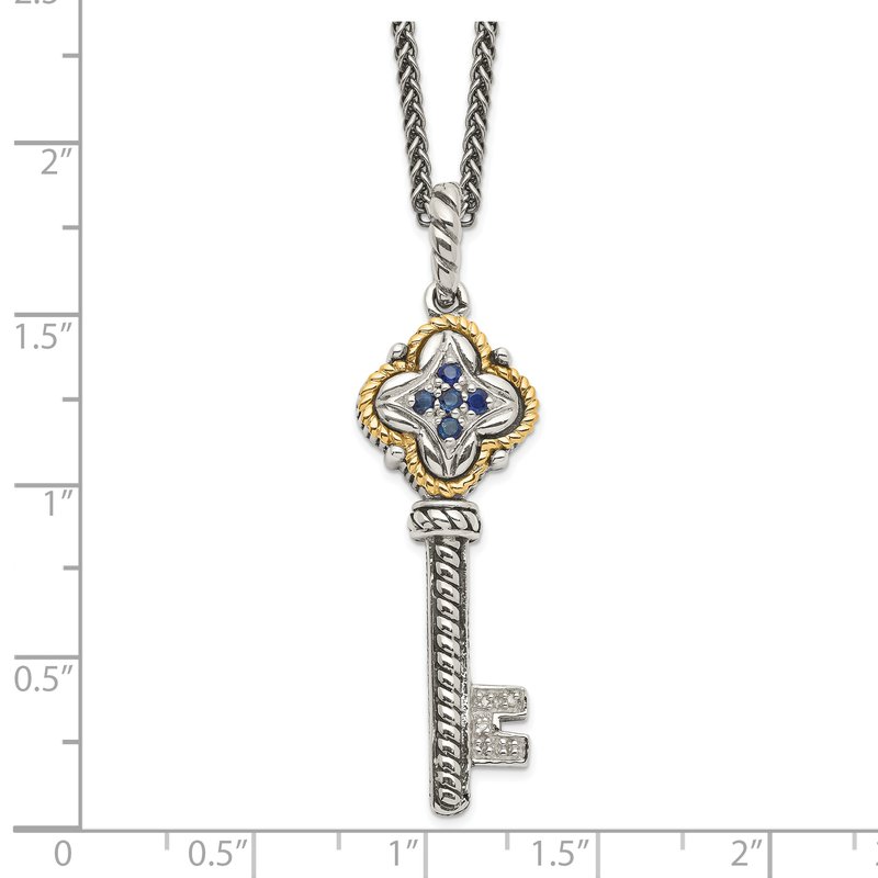 Sterling Silver with 14K Accent 18 Inch Antiqued Sapphire and Diamond Key Necklace