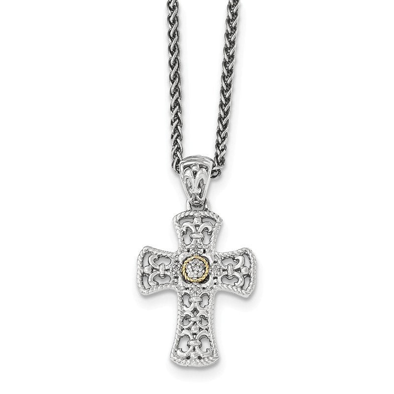 Sterling Silver with 14K Accent 18 Inch Diamond Cross Necklace