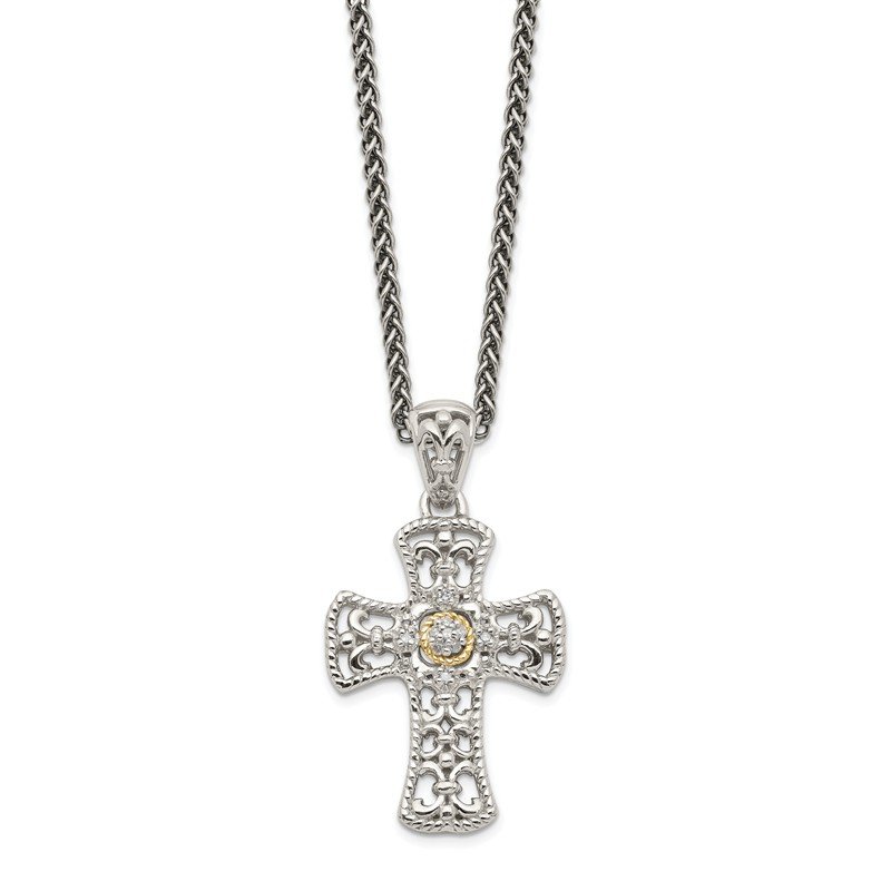 Sterling Silver with 14K Accent 18 Inch Diamond Cross Necklace