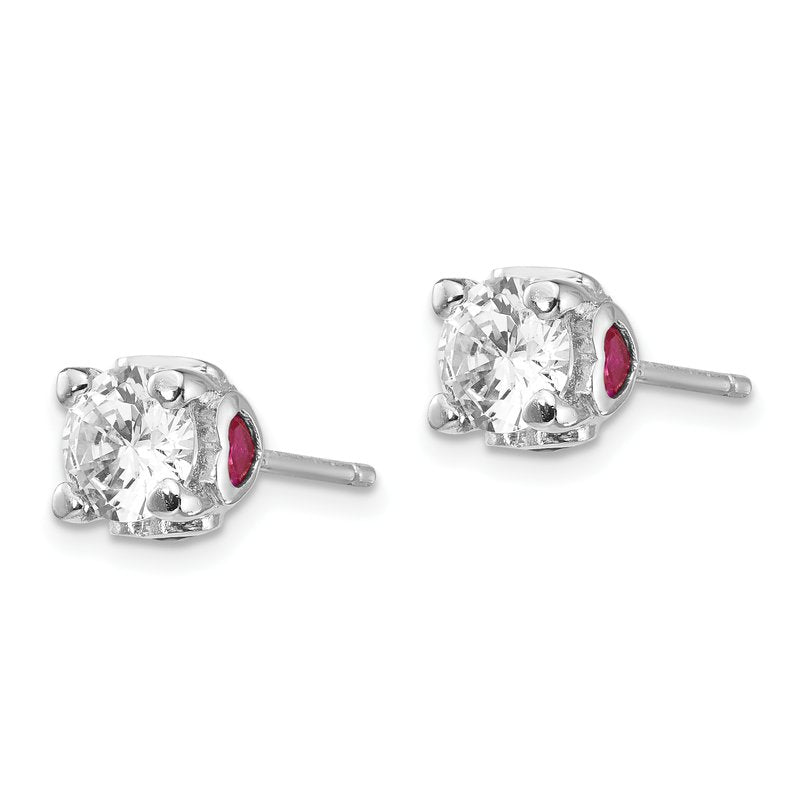 Sterling Silver Rhodium-plated Brilliant-cut Lab Created Ruby and Brilliant-cut White CZ with Heart Sides Stud Post Earrings