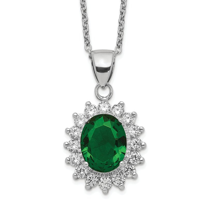 Sterling Silver Rhodium-plated Brilliant-cut Green Glass and Brilliant-cut White CZ Oval 18.25 Inch Necklace