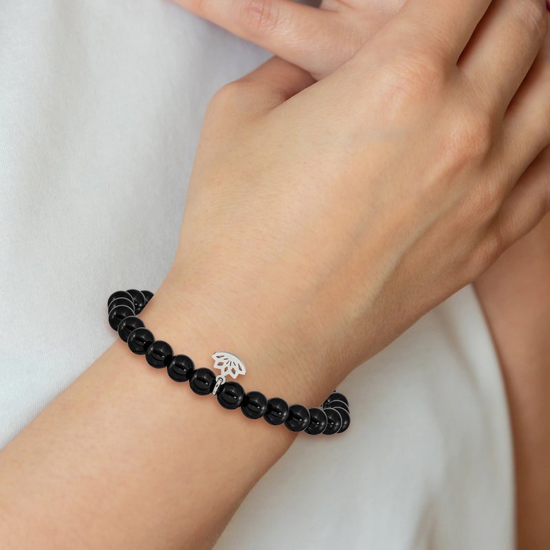 Stainless Steel Polished Lotus 6mm Black Agate Beaded Stretch Bracelet