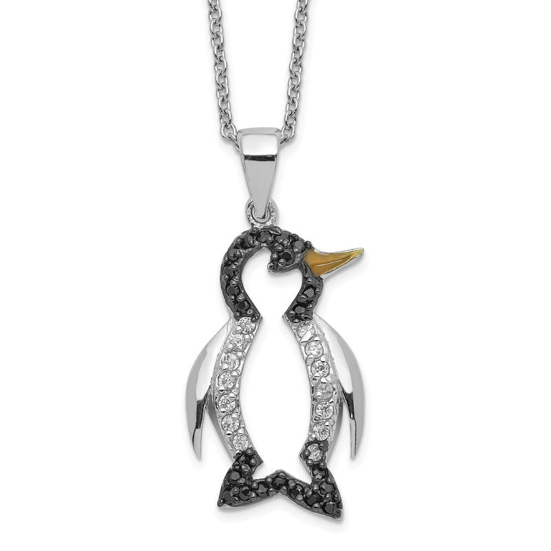 Sterling Silver Rhodium-plated with Black Rhodium Accent Enameled Brilliant-cut Black and White CZ Penguin 18 Inch Necklace