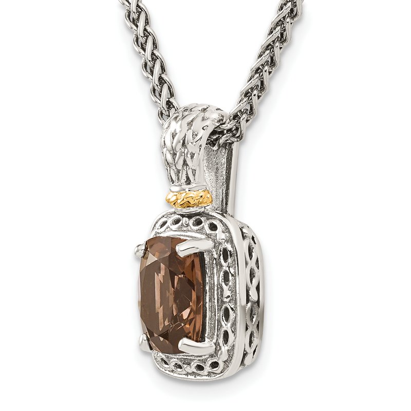 Sterling Silver with 14K Accent 18 Inch Antiqued Cushion Checkerboard Smoky Quartz Necklace