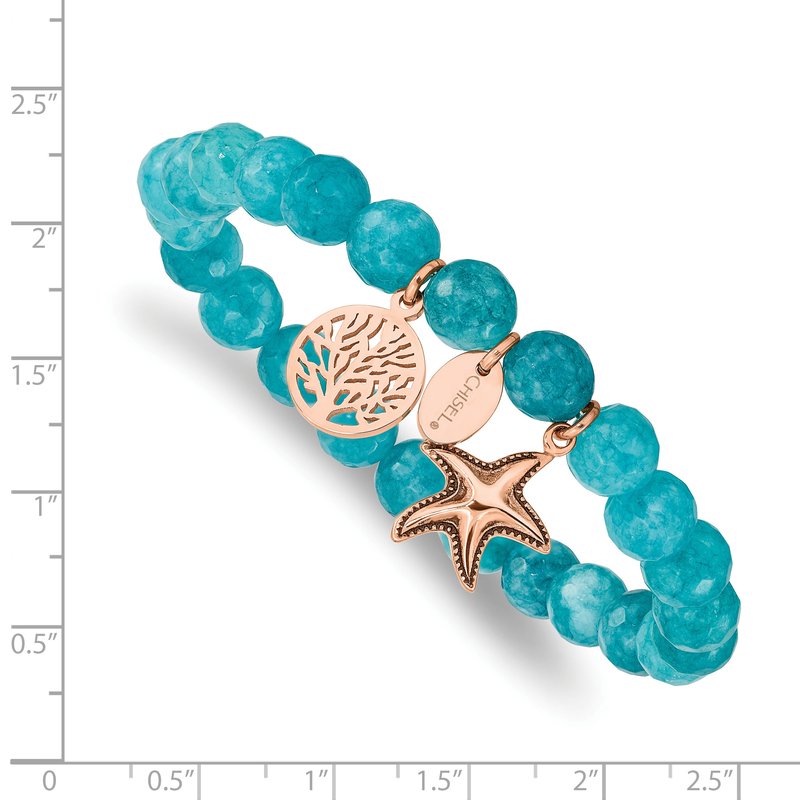 Stainless Steel Antiqued and Polished Rose IP-plated Starfish and Tree of Life 8mm Aqua Dyed Jade Beaded Stretch Bracelet