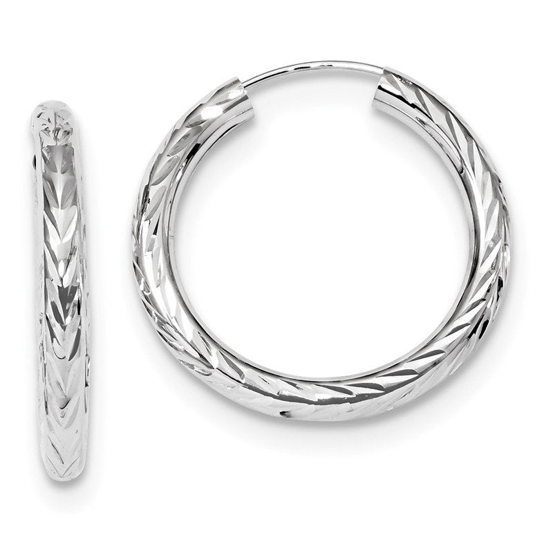 14k White Gold 3.00x25mm Polished Diamond-cut Endless Tube Hoop Earrings