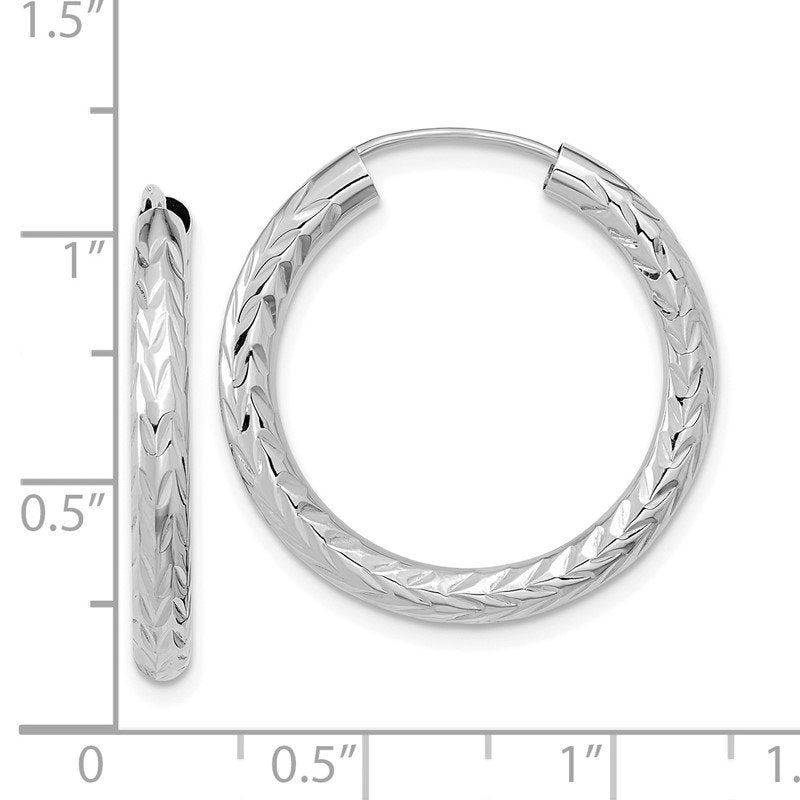 14k White Gold 3.00x25mm Polished Diamond-cut Endless Tube Hoop Earrings
