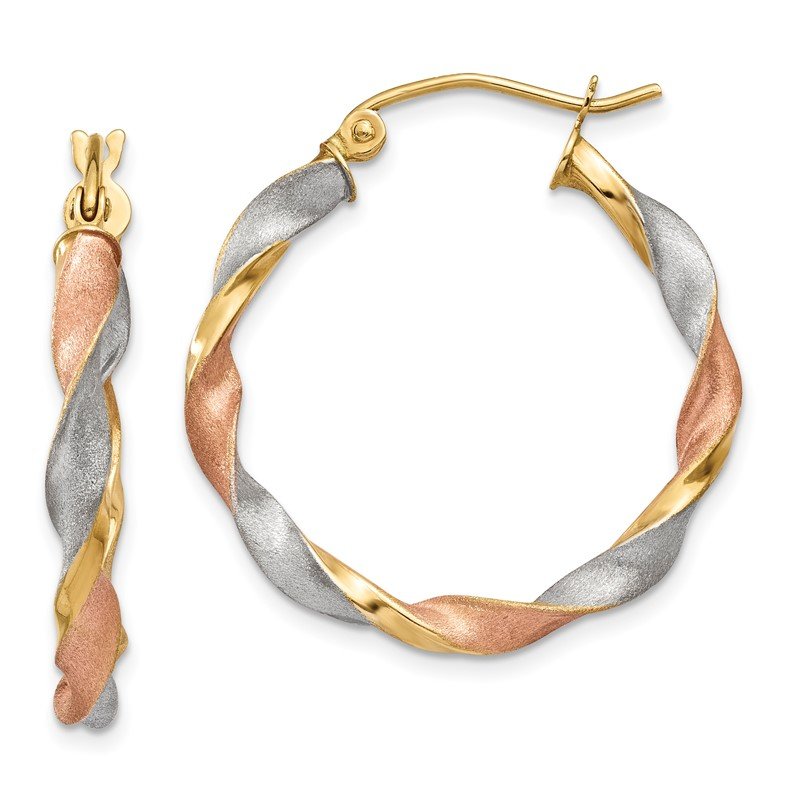 14ky White &amp; Rose Rhodium Satin Twisted Hoop Earrings