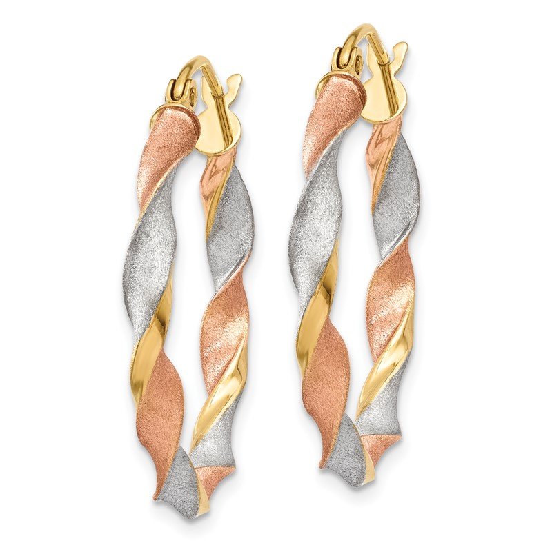 14ky White &amp; Rose Rhodium Satin Twisted Hoop Earrings