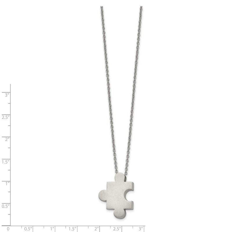 Stainless Steel Brushed Puzzle Piece Pendant on a 16 inch Cable Chain with 2.75 inch Extension Necklace